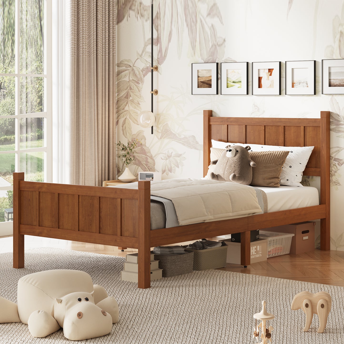 Twin Size Flat Panel Bed With Headboard & Footboard, Minimalist Modern Platform Bed With Wood Grain Finish, Shaker And Farmhouse Style Design, Sleek And Functional Bedroom Furniture,Light Walnut