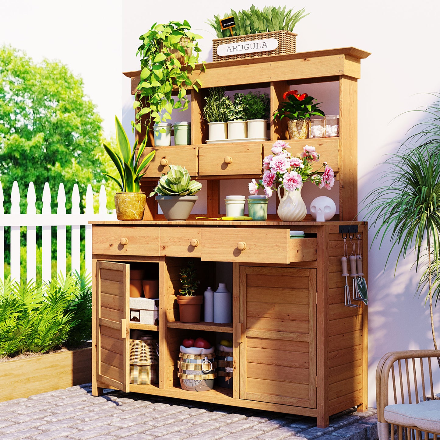 TOPMAx 65.7 H Tall Garden Potting Bench Table With Hutch Patio Storage Workstation With 3 Shelves 6 Drawers 2 Bottom Cabinets&Side Hooks For Mudroom Doorway Natural