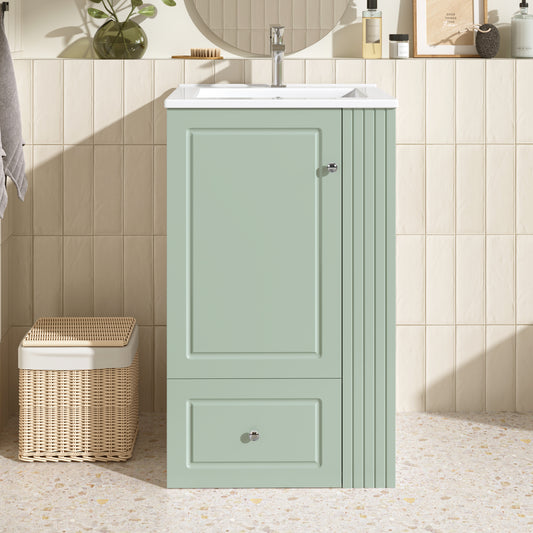 20 Freestanding Bathroom Vanity With Ceramic Sink, Single Faucet Hole, MDF Storage Cabinet With Soft-Close Drawer, Open Side Shelves With Pinewood Towel Bar, Modern Small Bathroom Vanity For Compact