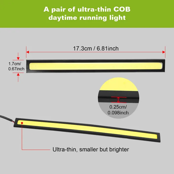 2Pcs LED Daytime Running Lights Car LED COB DRL Fog Lights IP45 Waterproof LED Strip Fog Day Driving Lamp Sticker For 12V Car Interior Exterior Use