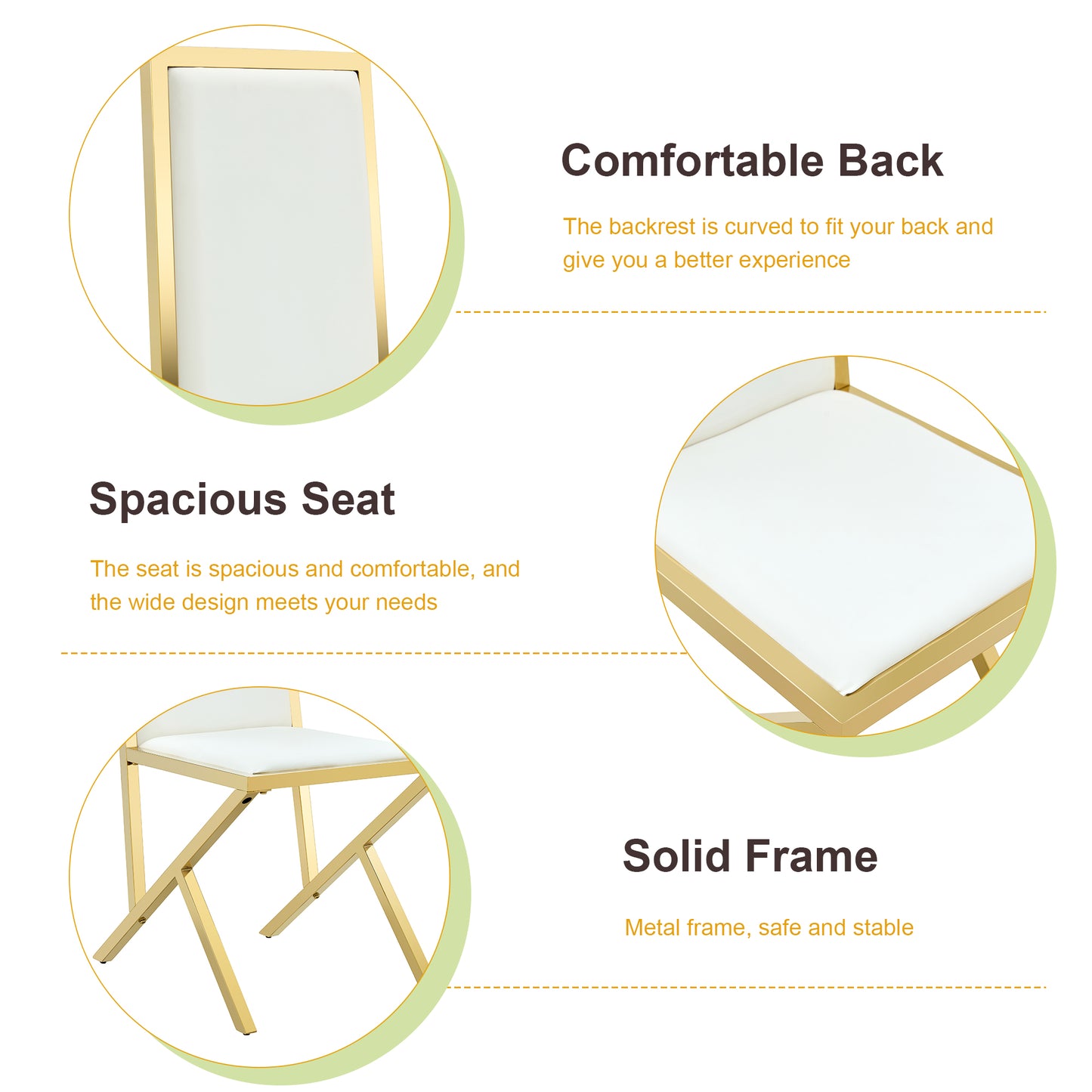 2-pack Gold Metal Framed White PU Dining Chairs Ergonomic Design, A Simple And Luxurious Choice.Featuring Uniquely Designed Gold Metal Legs.