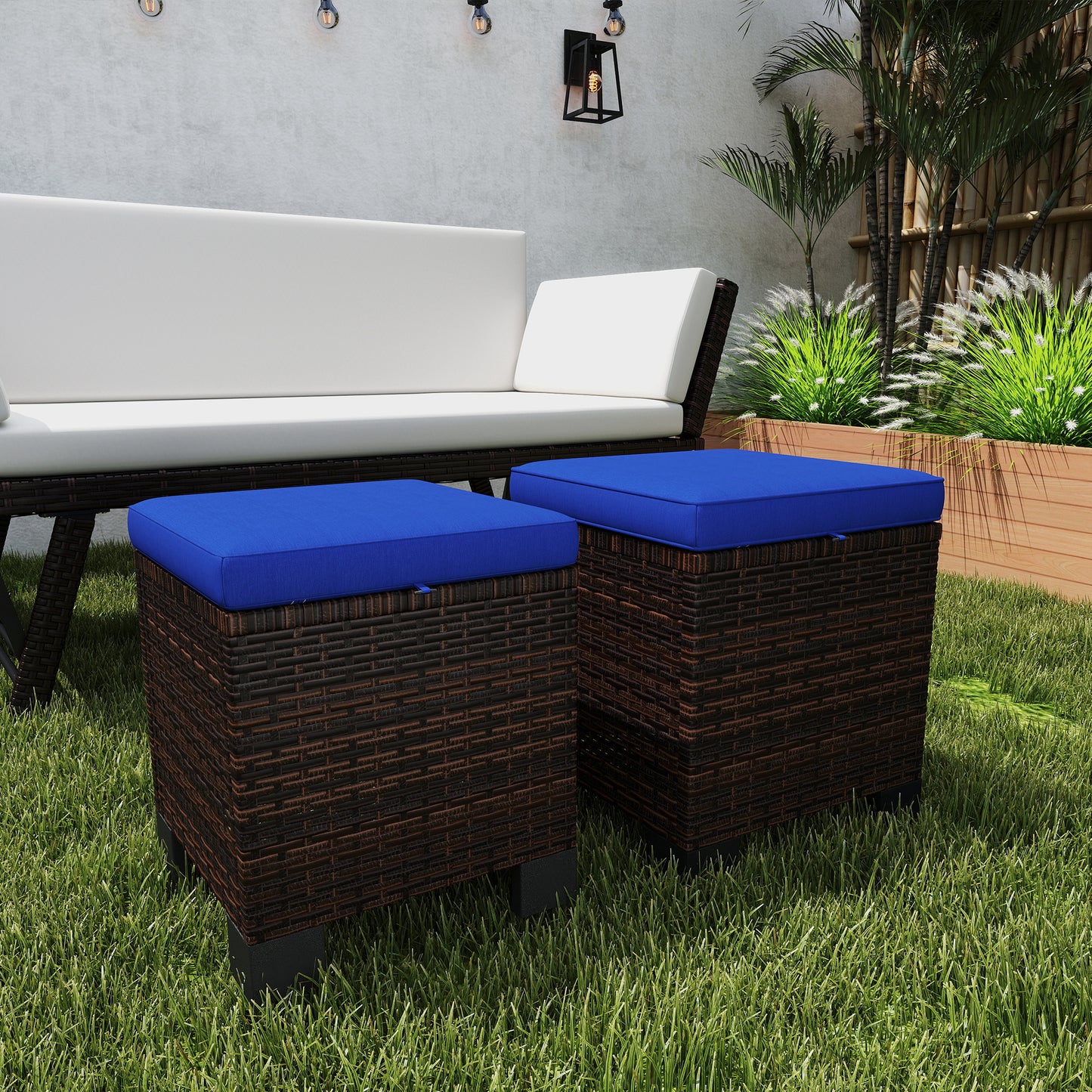 2 Piece Wicker Outdoor Ottomans With Cushions, Rattan Ottoman Footrest And Side Table For Patio, Yard, Poolside, Dark Blue