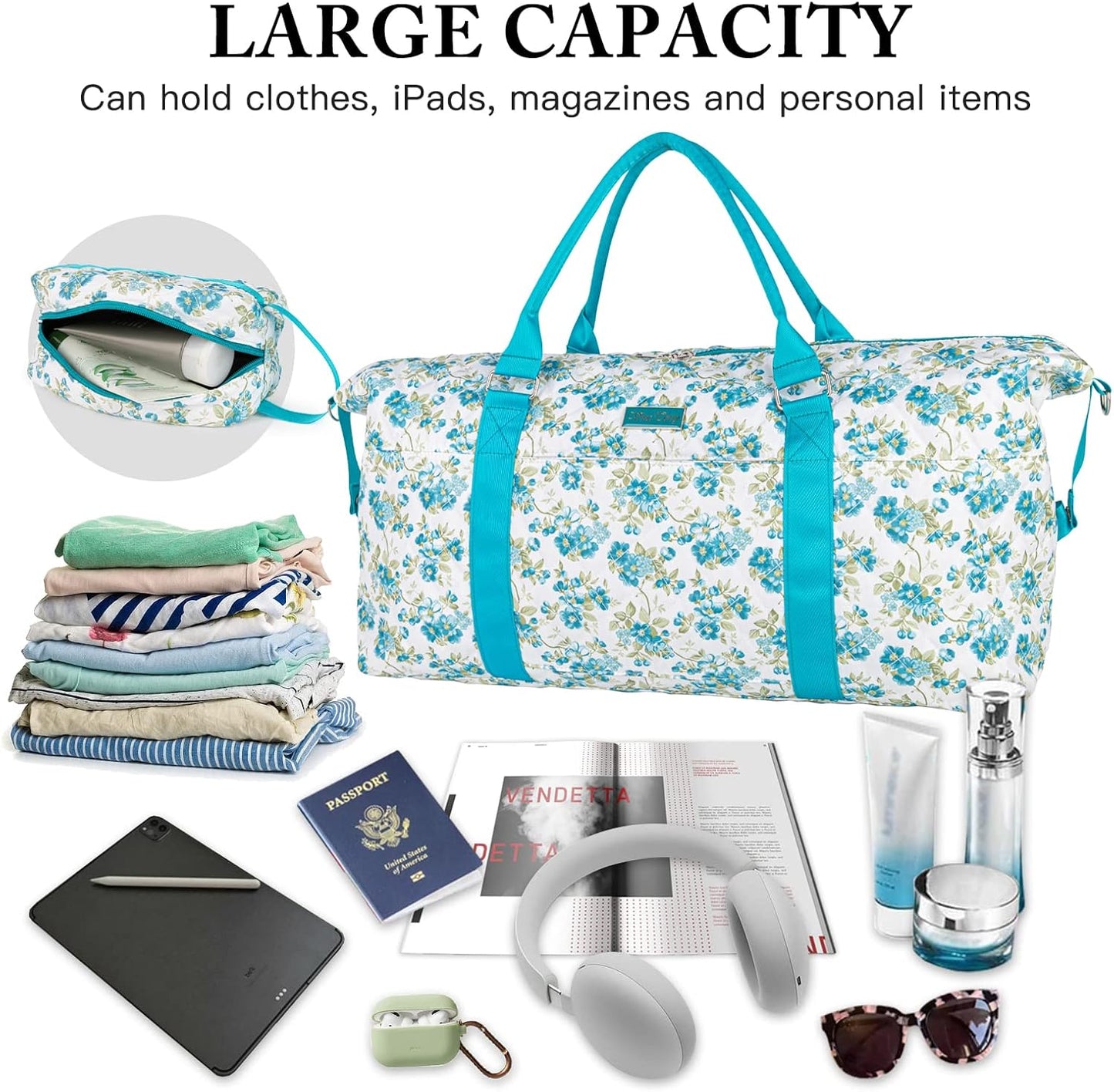 Women's Travel Bag With Toiletry Pouch Carry-on Overnight & Weekend Bag For Travel, Yoga, And Gym White Floral Design