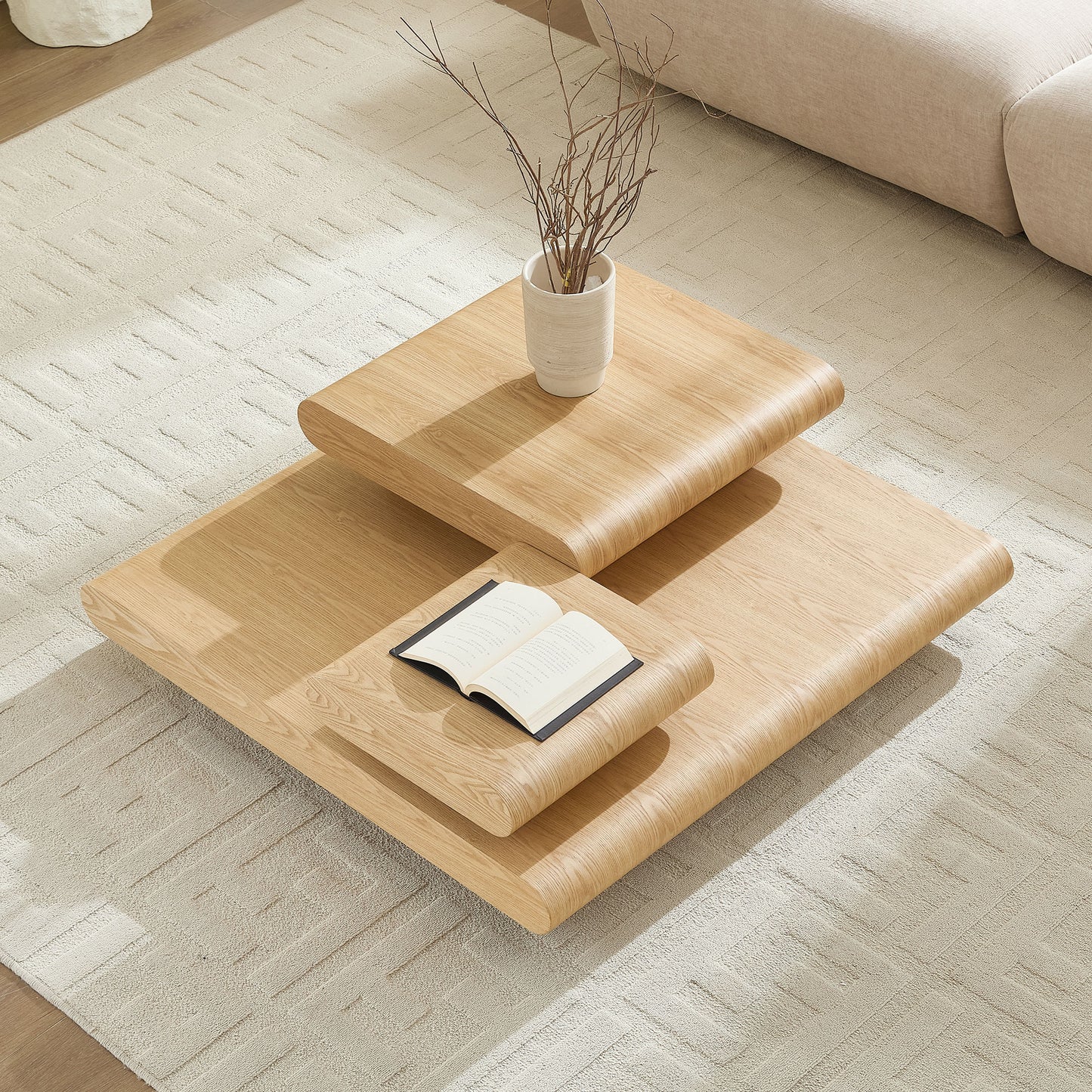 3-Piece Modular Stacking Coffee Table Natural Wood Look, Mordern MDF Table Front Of The Sofa, 39.37 Inch Square Center Coffee Table For Living Room,No Assembly,Natural Color