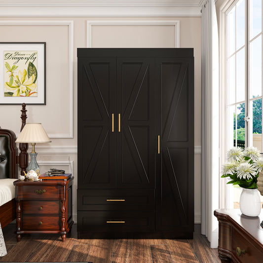 Shaker Style Classic Three-Door Wardrobe, Wood Bedroom Armoire With Hanging Rod And Shelves, Spacious Storage Closet, Modern Farmhouse Design