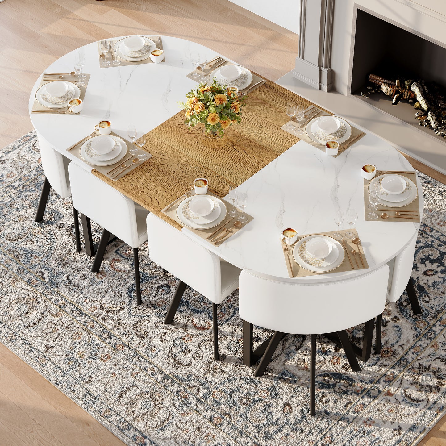 9-Piece Oval Dining Table Set, Fixed White Faux Marble & Wood Grain Triamine Tabletop With 8 White PU Leather Chairs, Modern Kitchen Table Set For 8 People, Ideal For Family Gatherings, Dining Room