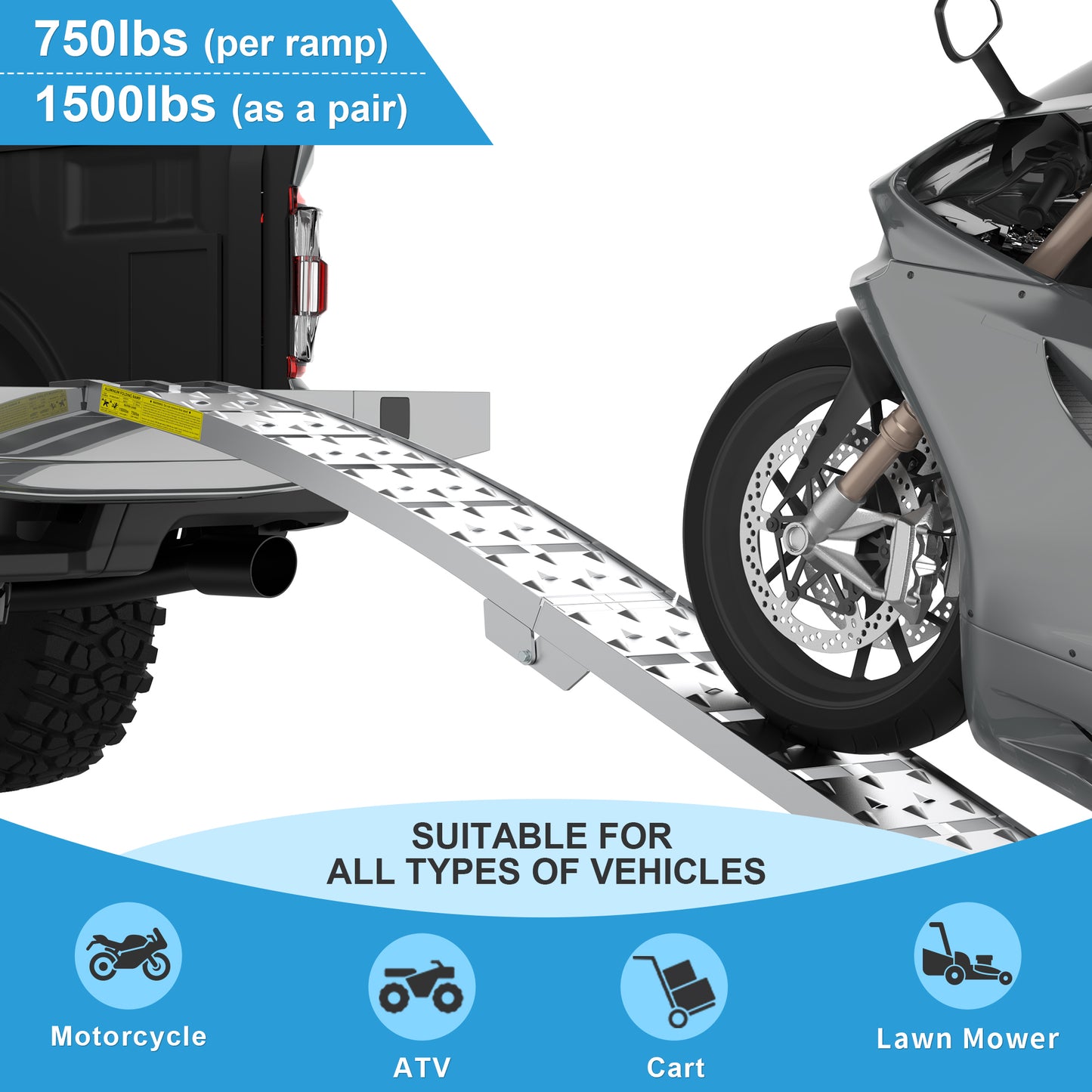7.5FT Heavy Duty Aluminum Loading Ramp Set For Pickup Truck Beds, 1500LB Capacity Folding Ramps For ATV, UTV, Motorcycle, Lightweight Portable Truck Ramps With Anti-Slip Surface, 2PCS