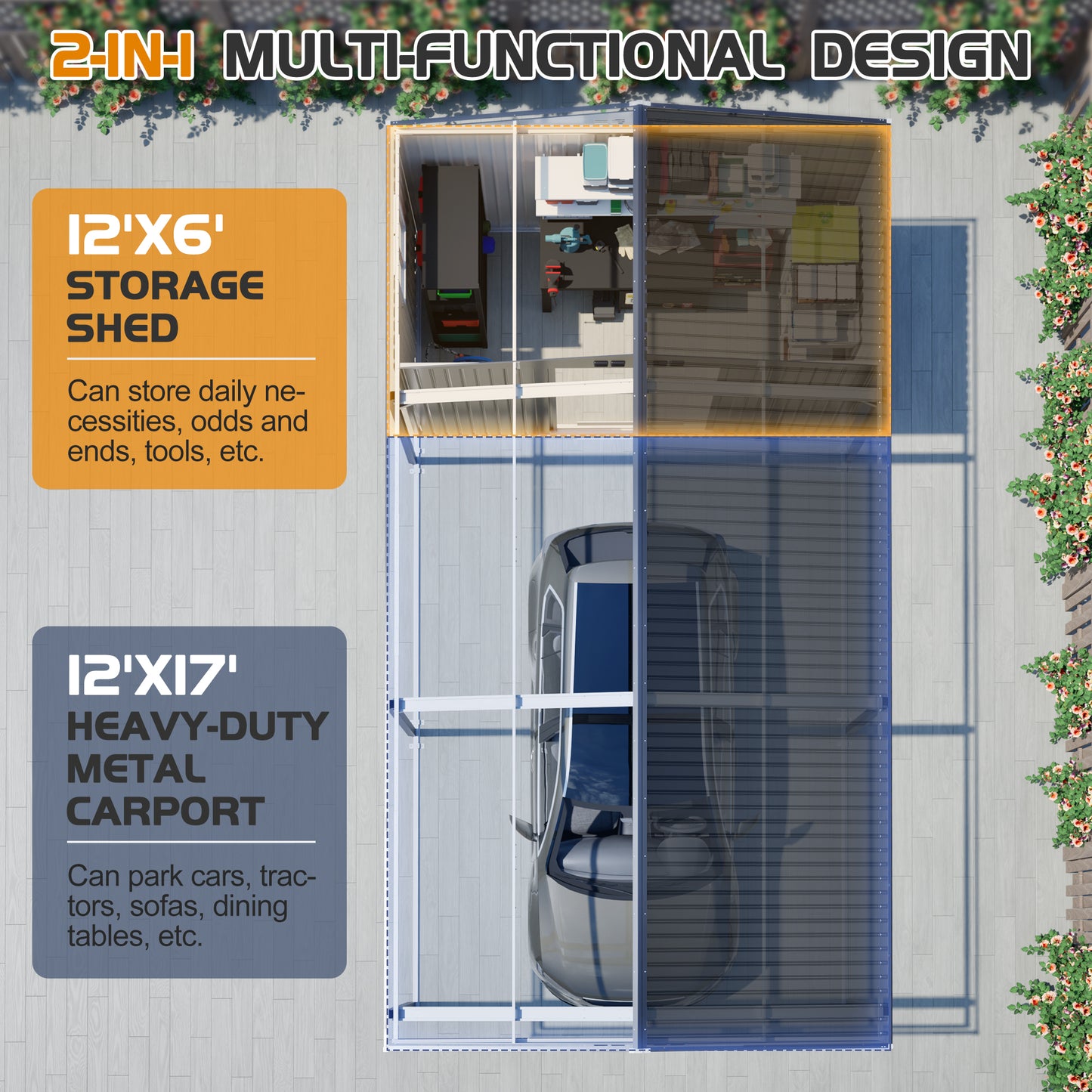 12'x23' Metal Carport Storage Shed, Heavy Duty Steel Garage With Sliding Door, UV Panel & Waterproof Sloped Roof, Reinforced Structure For Car Boat Tractor Farm - Grey