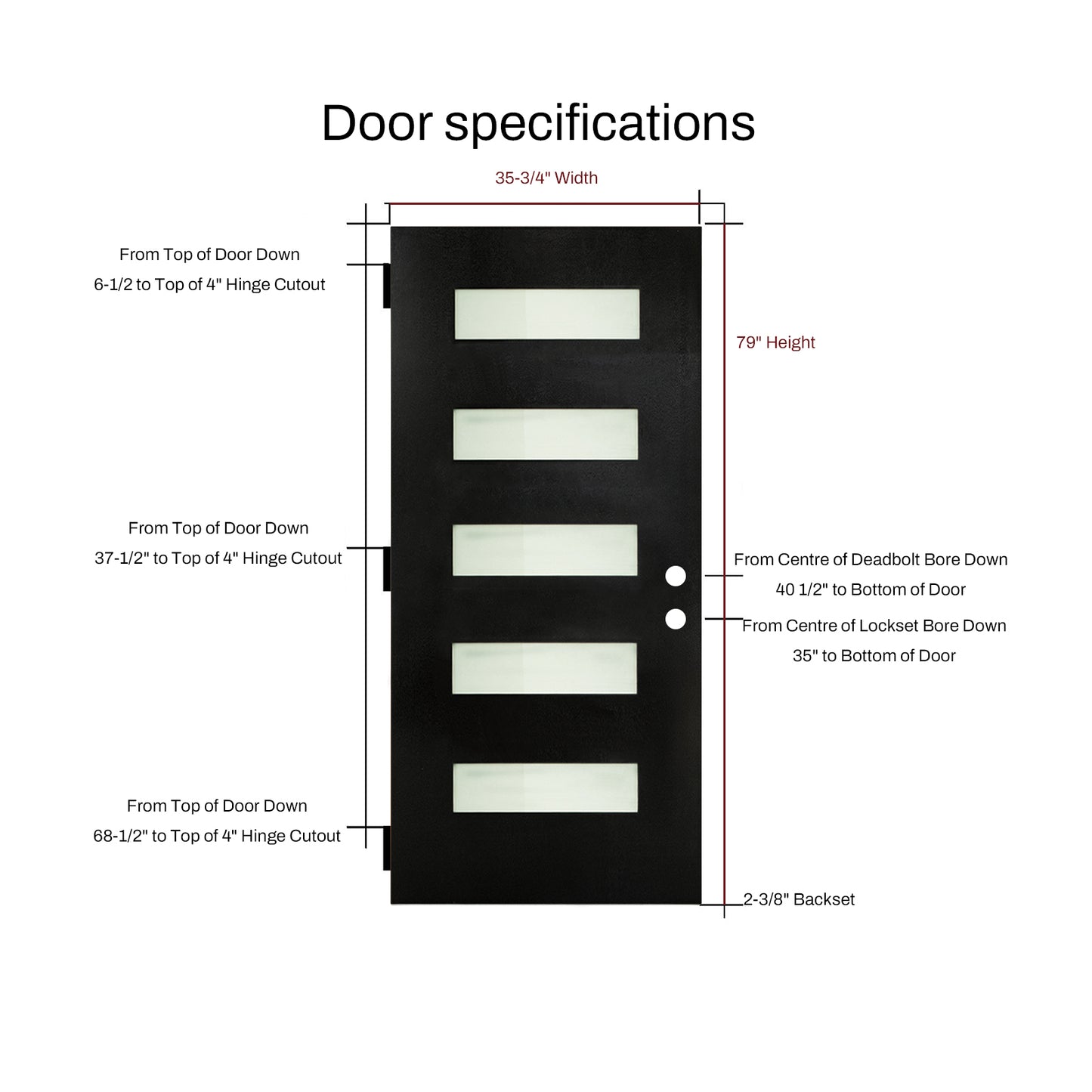 36 X 80 Fiberglass Entry Door With Brickmould, Frosted Glass, Black Finished Knock-Down Fiberglass Door - Contemporary Style For Home's Front Entrance, Left Hand Inswing With White Vinyl Frame