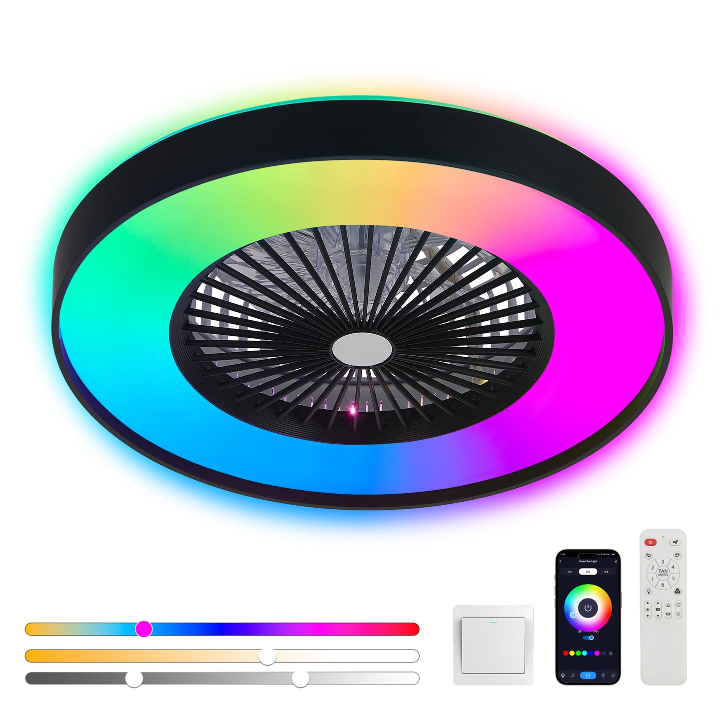 23-inch Black Ceiling Fan Light With LED RGB Dimmable & Color-Changing, APP & Remote Control, Modern Smart Ceiling Fan For Living Room, Bedroom, And Dining Room Silent 6-Speed Reversible DC Motor