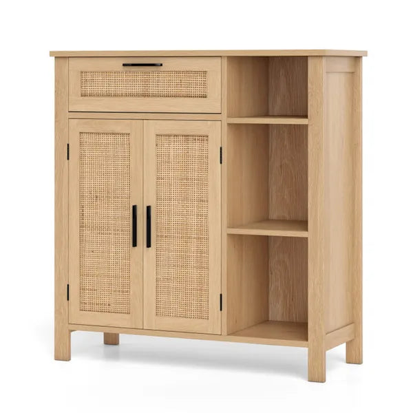 Natural Rattan Buffet Sideboard, Pull-Out Drawer & 3 Open Shelves, 3-Position Adjustable Cabinet Shelf