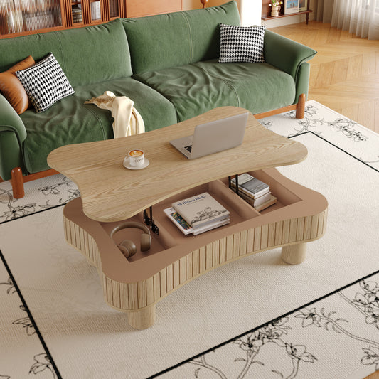 Lift Top Coffee Table For Living Room 42 - Fluted Panel Hidden Storage, Silent Hydraulic Lift, Curved Safety Corners, 5 Min Assembly 27W X 13-18.9H,Natural Wood