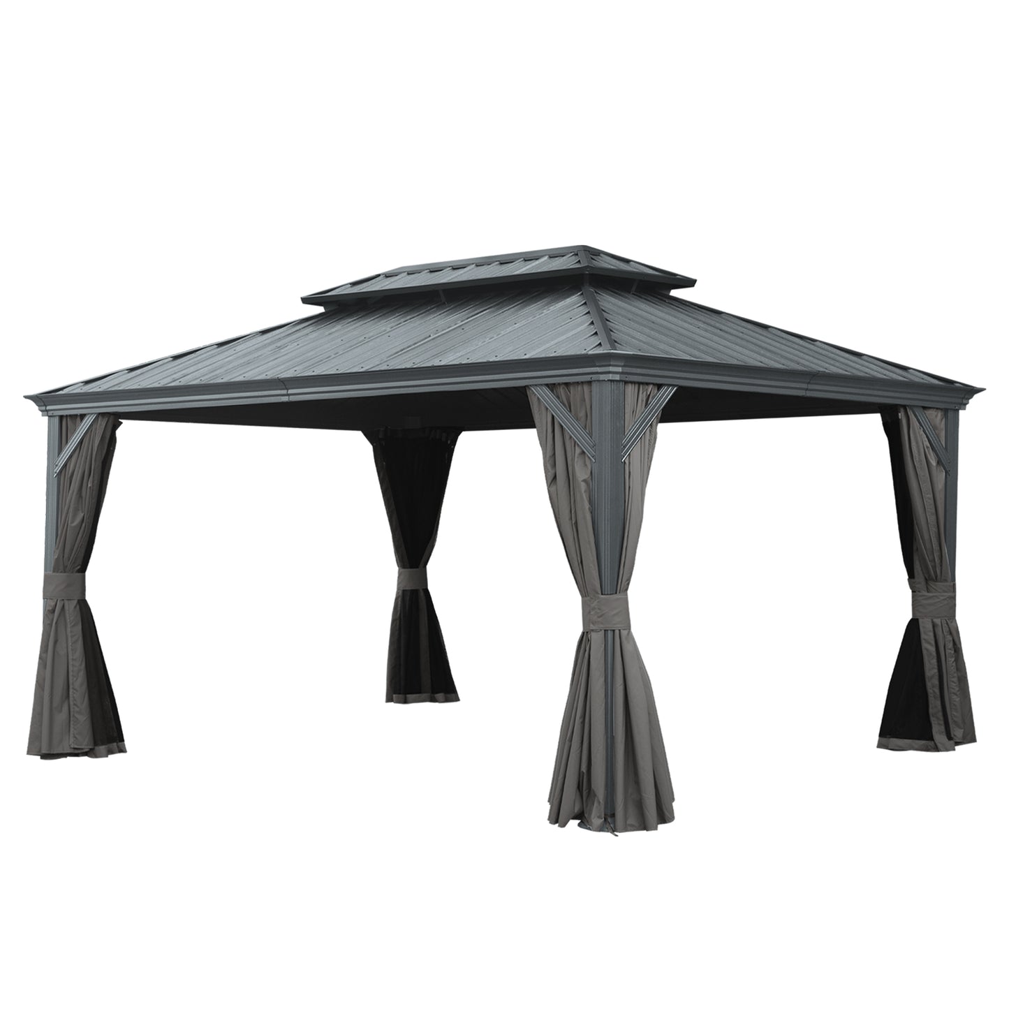 12 X 16 Hardtop Gazebo, Upgraded Metal Gazebo With Drainage System, Dual-Layer Galvanized Steel Roof, Curtain And Netting, Outdoor Shelter Canopy For Patio, Garden, And Backyard, Gray