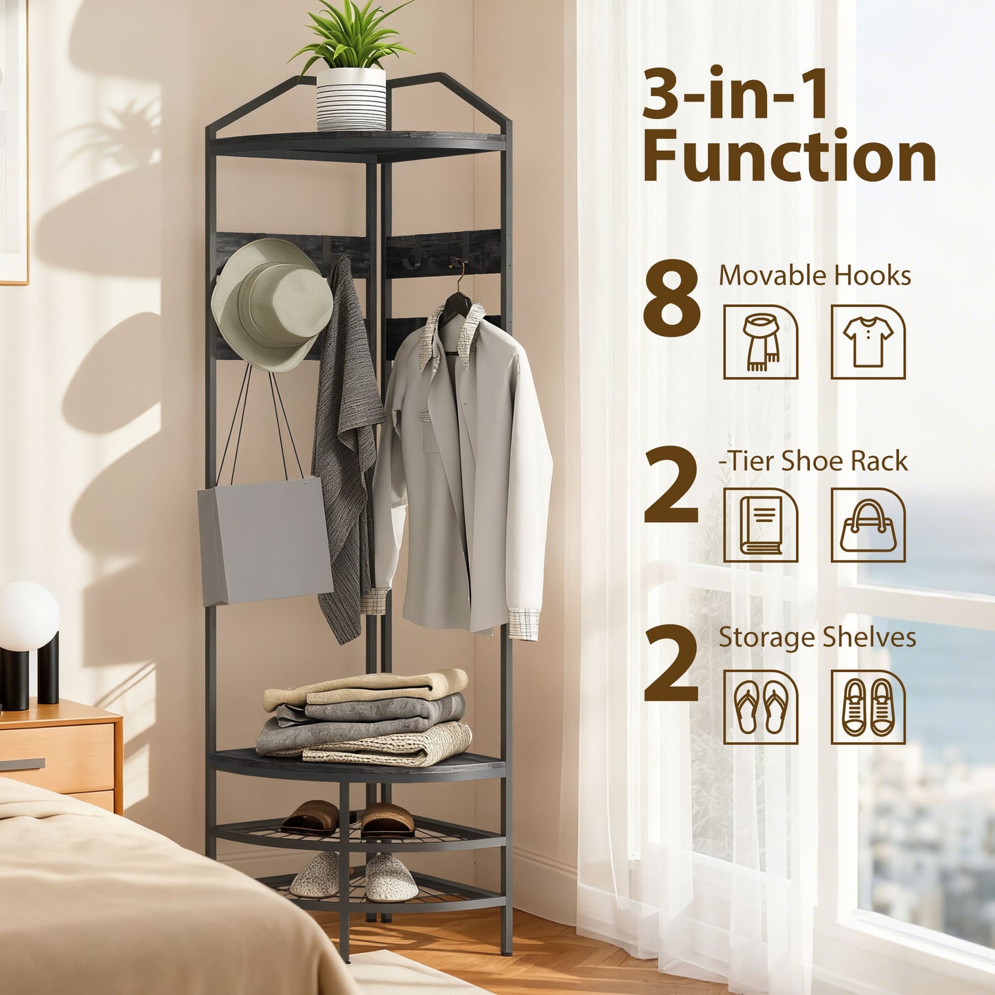 Corner Hall Tree, Industrial 4-Tier Coat Rack With Shoe Storage, 8 Movable Hooks And 2 Shelves For Hallway, Black
