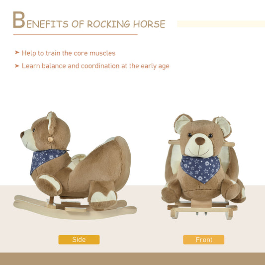 Baby Rocking Horse With Lullaby, Ride On Horse, Bear Themed Plush Animal Rocker With Pedals For Ages 18-36 Months, Easy To Assemble