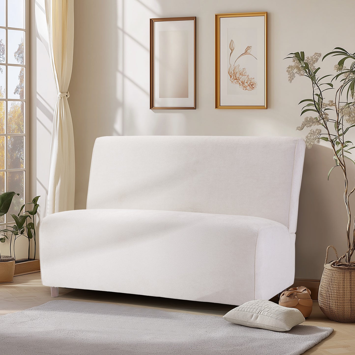 49 Beige Boucle Cover Fabric Loveseat - 25D High-Density Sponge Cushion, Light Brown Legs , Modern Sofa For Living Room