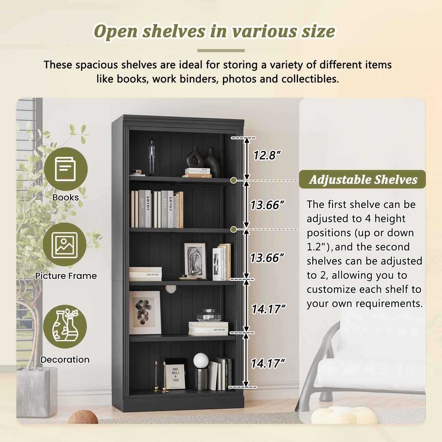 83 Tall Wood Bookcase Suite With Light Strip ,5-Tier Home Decor Bookcase Suite With Adjustable Shelves,Storage Organizer,Free Standing Storage Shelves Suite For Living Room,Home Office,Black