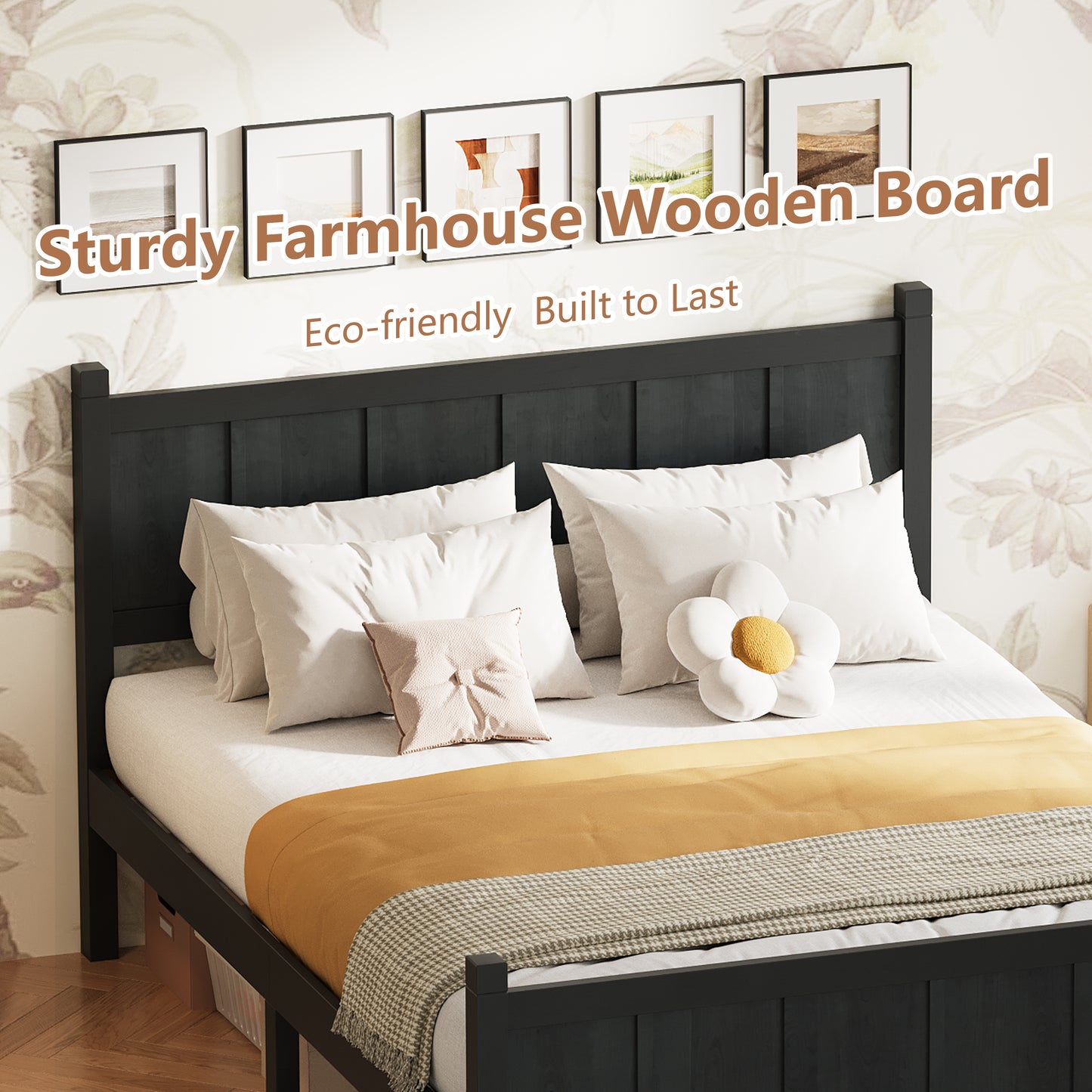 Full Size Flat Panel Bed With Headboard & Footboard, Minimalist Modern Platform Bed With Wood Grain Finish, Shaker And Farmhouse Style Design, Sleek And Functional Bedroom Furniture,Black
