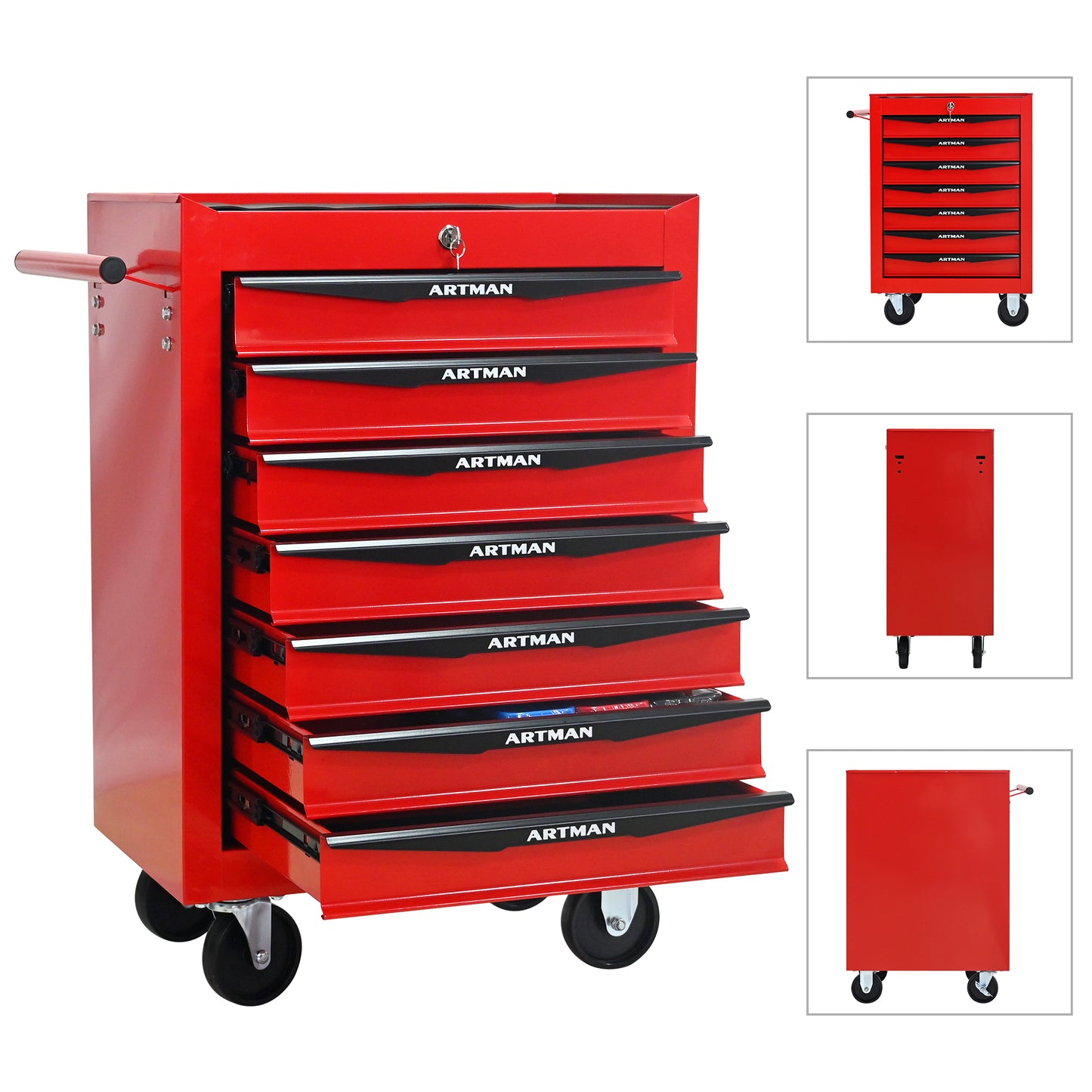 Rolling Metal Tool Chest With 7 Drawers, 20 7-Drawer Tool Chest Cabinet With Ball Bearing Drawer Slides, Steel Tool Storage Box Organizer -Red&Black