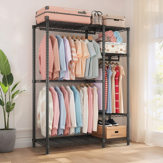 Heavy Duty Clothes Rack, Freestanding Closet Organizer, Portable Metal Clothing Rack, Adjustable Wire Shelving Clothes Rack With 6 Adjustable Wire Shelves And 3 Clothes Rails, Black