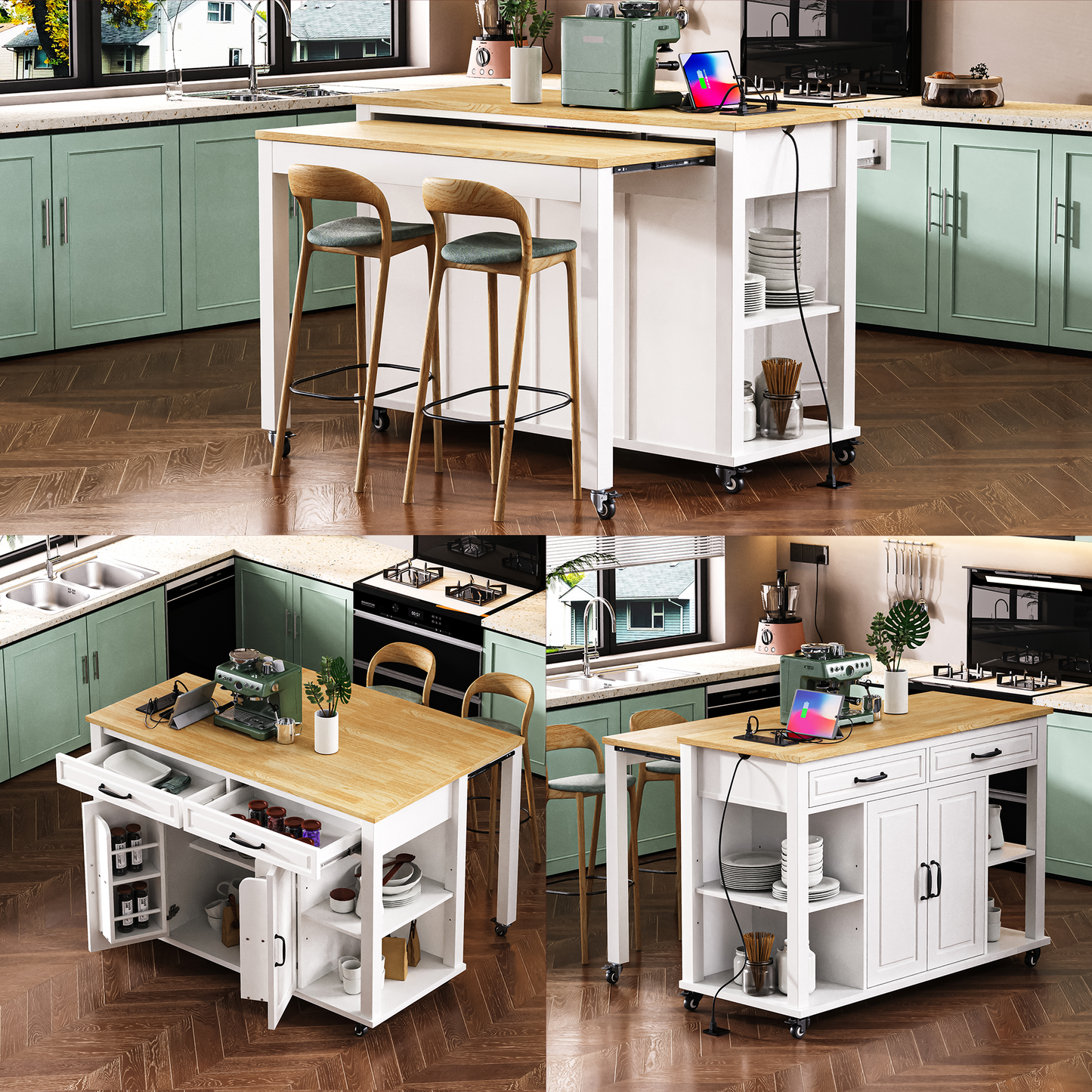 K&K 47 Inch Kitchen Island With Extendable Dining Table, Rubber Wood Veneer Kitchen Table With Internal Storage Rack, Power Outlet, Kitchen Island With Storage 2 Drawers 2 Cabinet,White