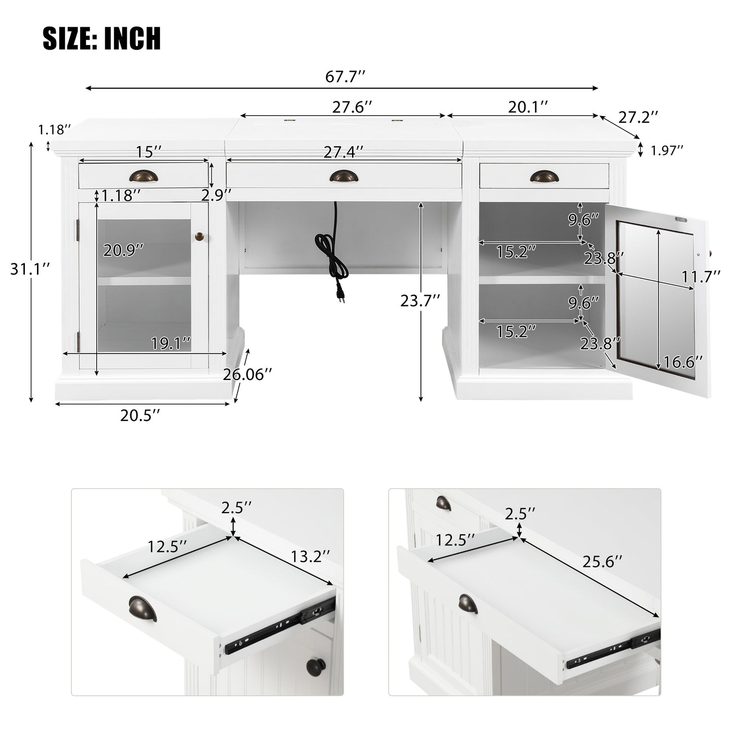 67 Modern Executive Desk,Computer Desk With 2 Glass Doors Storage Cabinet And 3 Drawers, Rectangle Home Office Desk ,Reading Desk,Writing Table,Workstation For Home Office,Living Room,Study,White