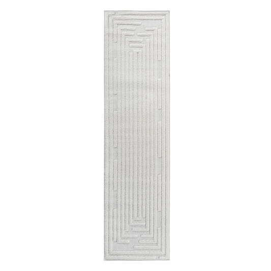 Step Collection High-Low Striped Cream Indoor Runner Rug, 2'2''x8', Modern, Contemporary, Geometric, Bohemian, Bedroom, Kitchen, Living Room, Hallway, Non Shedding Carpet