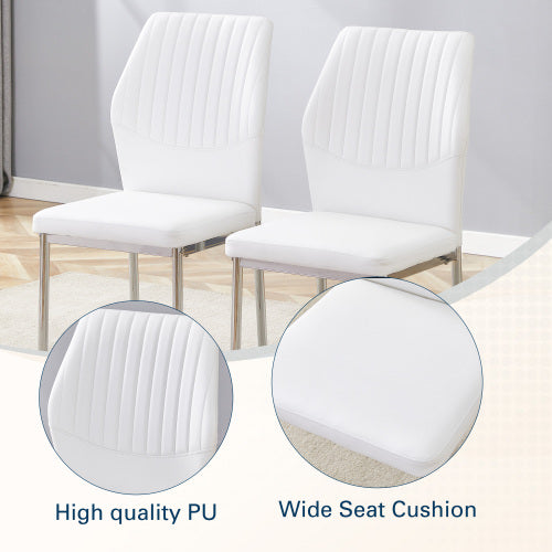 Luxury Simple Chair - Set Of 4 White PU Material High Resilience Dining Chair With Metal Silver Leg.The Chair Back Has A Vertical Stripe Design With Smooth And Uniform Lines.