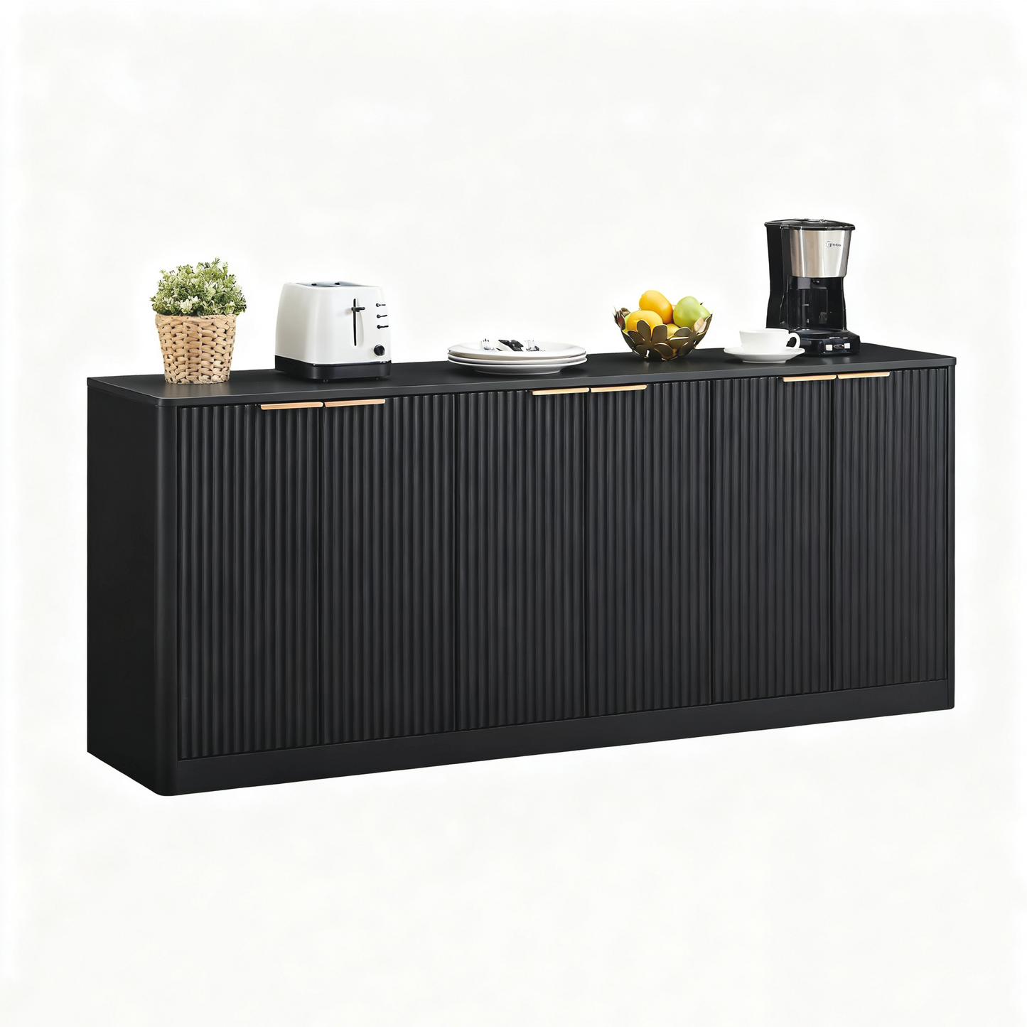 67-inch Modern Wavy Sideboard, Curved Contour Design Storage Cabinet, 6-door Cabinet With Storage Function, Suitable For Kitchen Bedroom Living Room, Black, 67.0 L X 15.7 W X 27.7 H