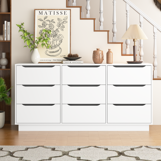 9 Drawer Dresser For Bedroom With Deep Drawers, Large Floor Wood Dressers & Chest Of Drawers , Modern White Long Dressers For Closet Living Room