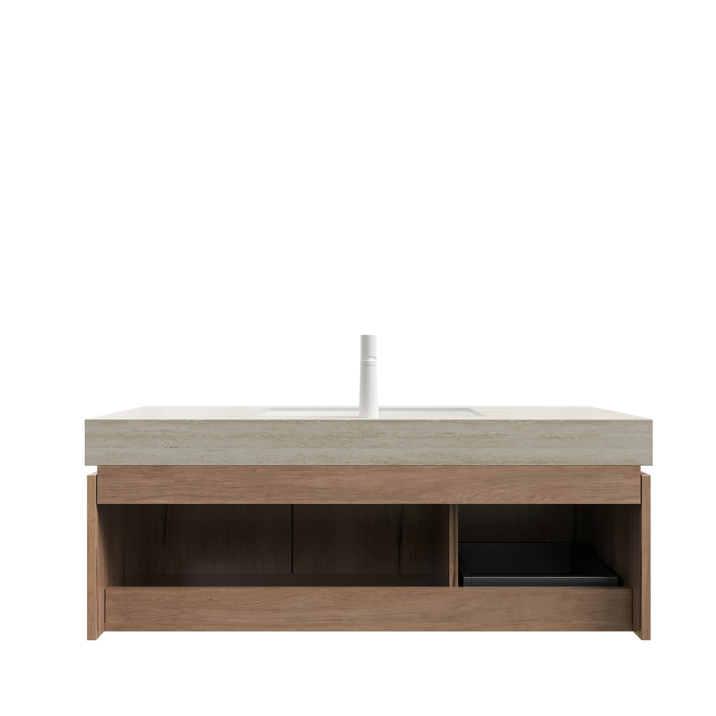 MURI 48 Bathroom Vanity&Sink, Floating Plywood Storage Cabinet With Drawer&Doors, Roma Travertine Sintered Stone Top&Ceramic Basin With 1 Pre-drilled Faucet Hole, Pre-assembled, White Oak Woodgrain