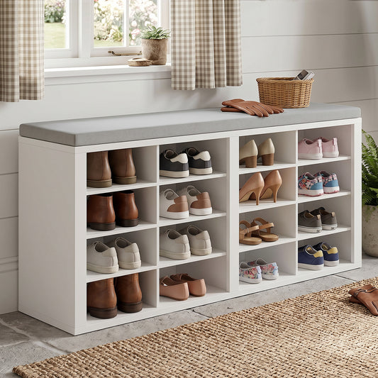 Shoe Storage Bench With Cushion 16 Cubby Shoe Rack Multifunctional Shoe Organizer Bench For Entryway Hallway Living Room Bedroom