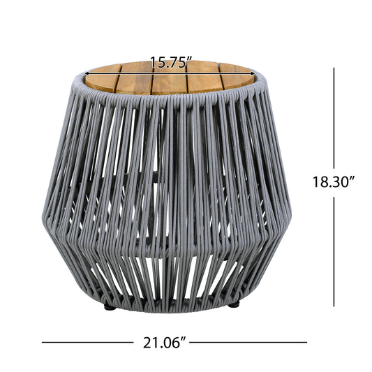 Acacia Wood Side Table With Grey Rope Base - Natural Teak Finish, Modern Coastal Accent For Patio, Garden, Balcony & Indoor Use