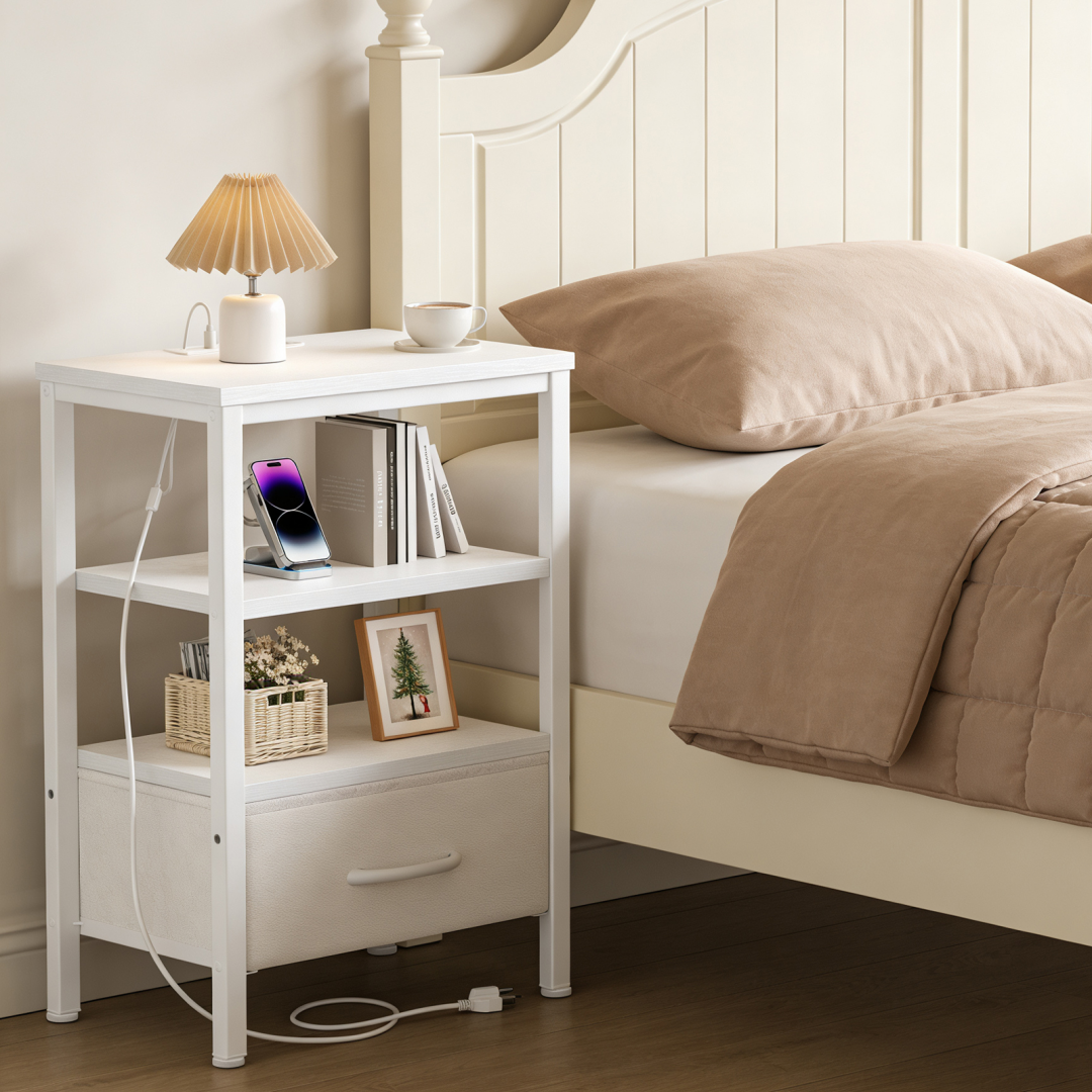 Bedside Table, With Built-in USB-C-type Port Sockets And Adjustable Drawers, 3-layer Storage Rack, And Fabric Drawers