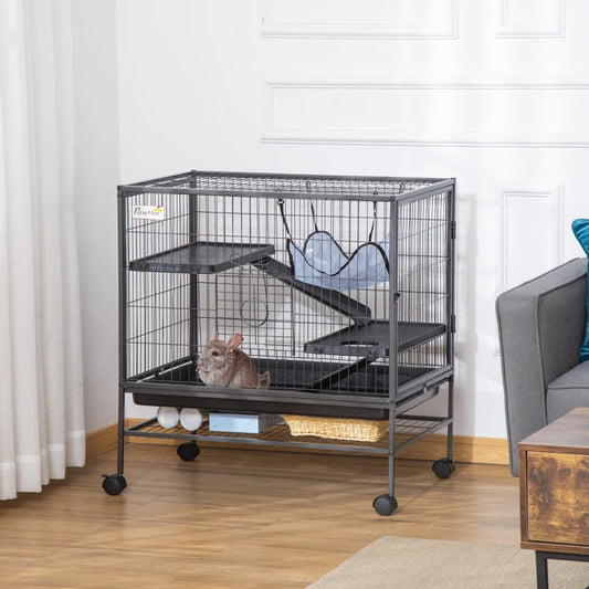 Small Animal Cage With Wheels, Pet Playpen For Rat, Syrian Hamster, Kitten, Ferrets, Chinchillas With Bottom Storage Shelf, Removable Tray, Ramp