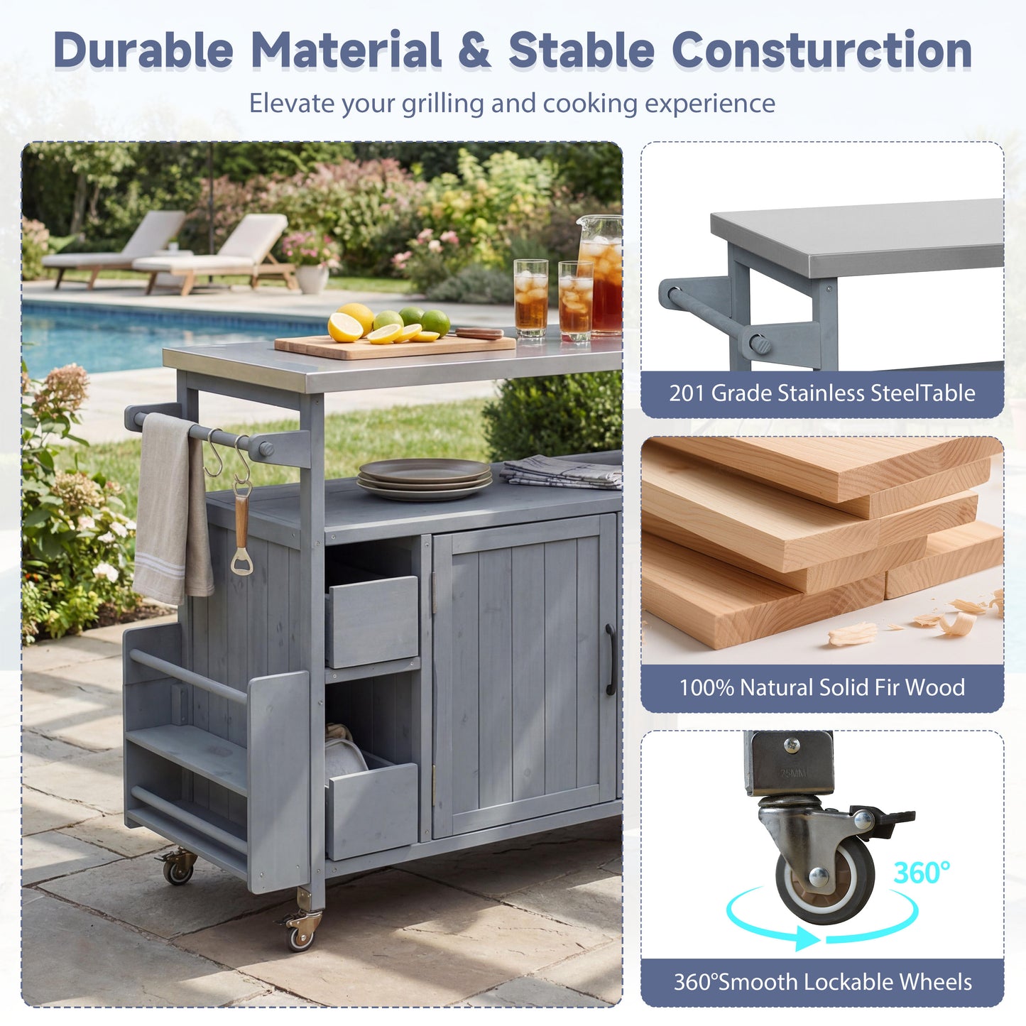 54.33 Farmhouse Rolling Outdoor Kitchen Cart, Solid Wood Frame With Stainless Steel Top, Spice Rack, Towel Rack, Lockable Wheels & Multi-Functional Storage For Patio, BBQ & Kitchen