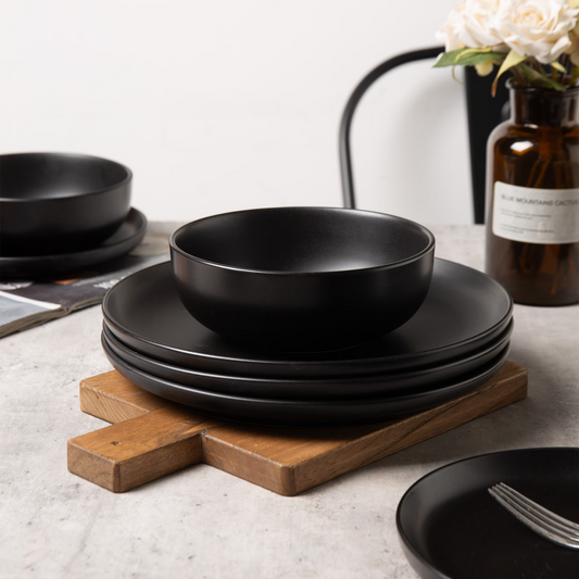12-Piece Stoneware Dinnerware Sets With Mugs Microwave & Dishwasher Safe Non-Toxic Dinner Plates Bowls Set Stackable Matte Glaze Kitchenware For 3,Black