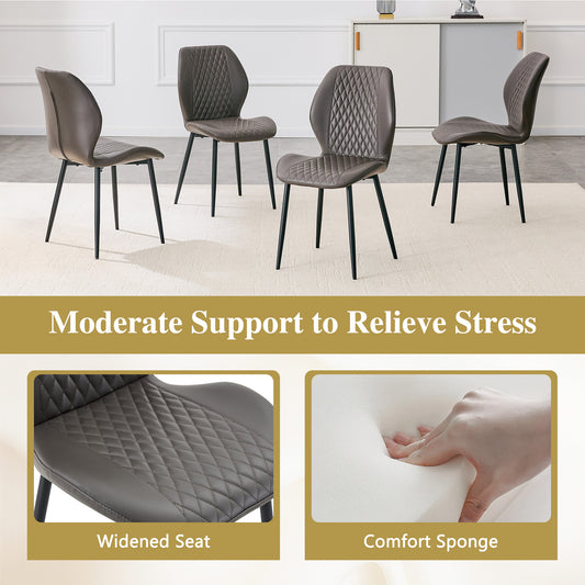Set Of 4 Modern Light Luxury Dark Gray Diamond-quilted PU Chairs With Black Metal Legs. Suitable As Upholstered Dining Chairs With Backrests For Dining Rooms, Adaptable To A Wide Range Of Scenarios.
