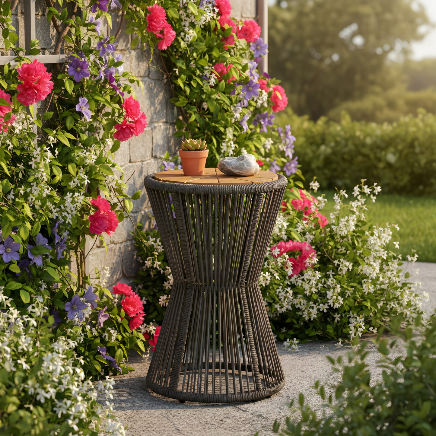 Outdoor Side Table, Dark Grey Rope And Acacia Wood, 25.80 Height, 16.14 Diameter, Elegant Long Hourglass Design, Weather Resistant, For Patio, Deck, Garden, Balcony, Modern Minimalist Style