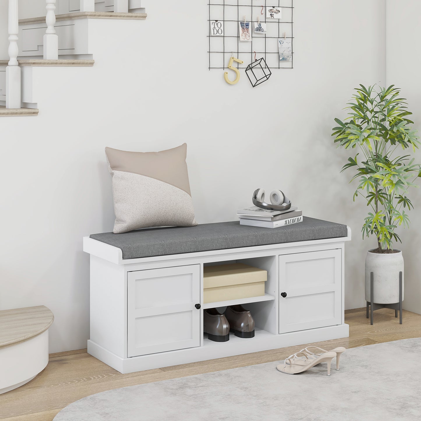 Shoe Storage Bench With Cushioned Seat, Entryway Bench Seat With 2 Cabinets And Adjustable Shelf For Hallway, White