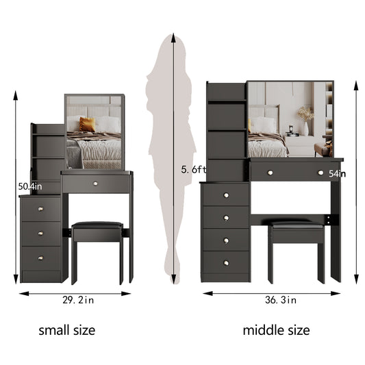 29.2 Small Space Left Bedside Cabinet Vanity Table Cushioned Stool, Extra Large Right Sliding Mirror, Multi Layer High Capacity Storage, Practical Fashionable Dresser, Suitable For Small Space