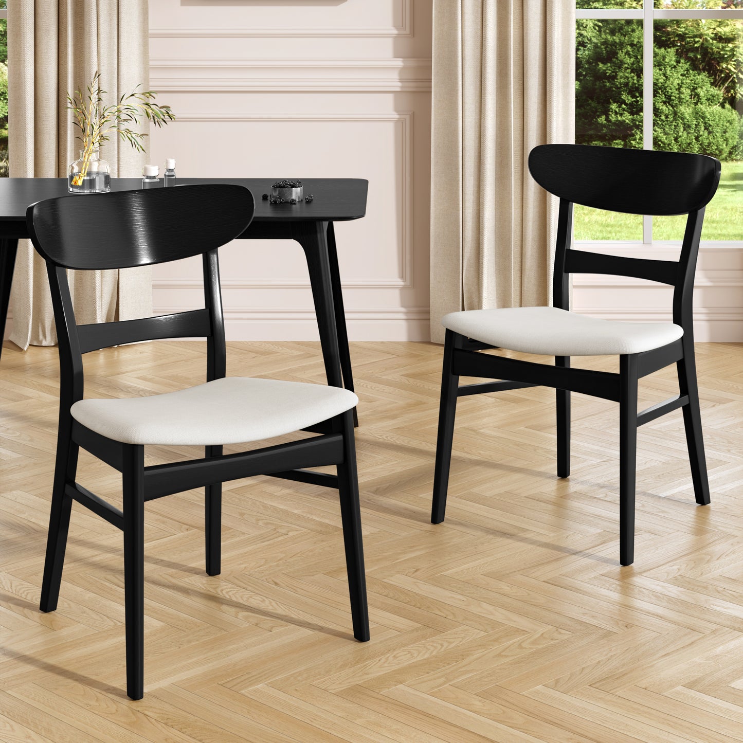 Video Set Of 2 Dining Chairs - Upholstered Seat, Rubberwood Legs, Black Light Beige Same Sku 58915.00LBEBLK