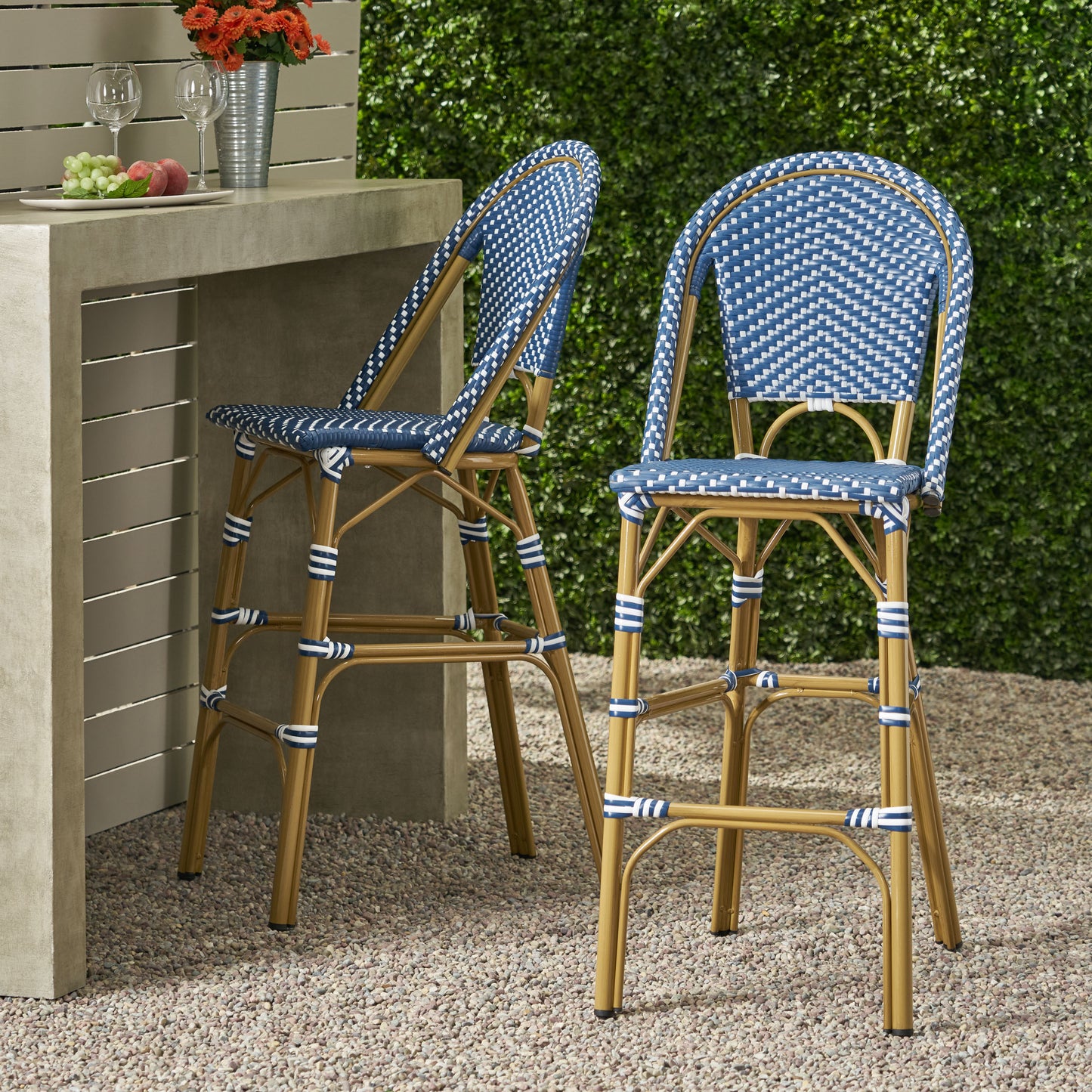 29.5 Outdoor PE Rattan French Barstool, Dark Teal And White, Aluminum Frame With Bamboo Finish Set Of 2