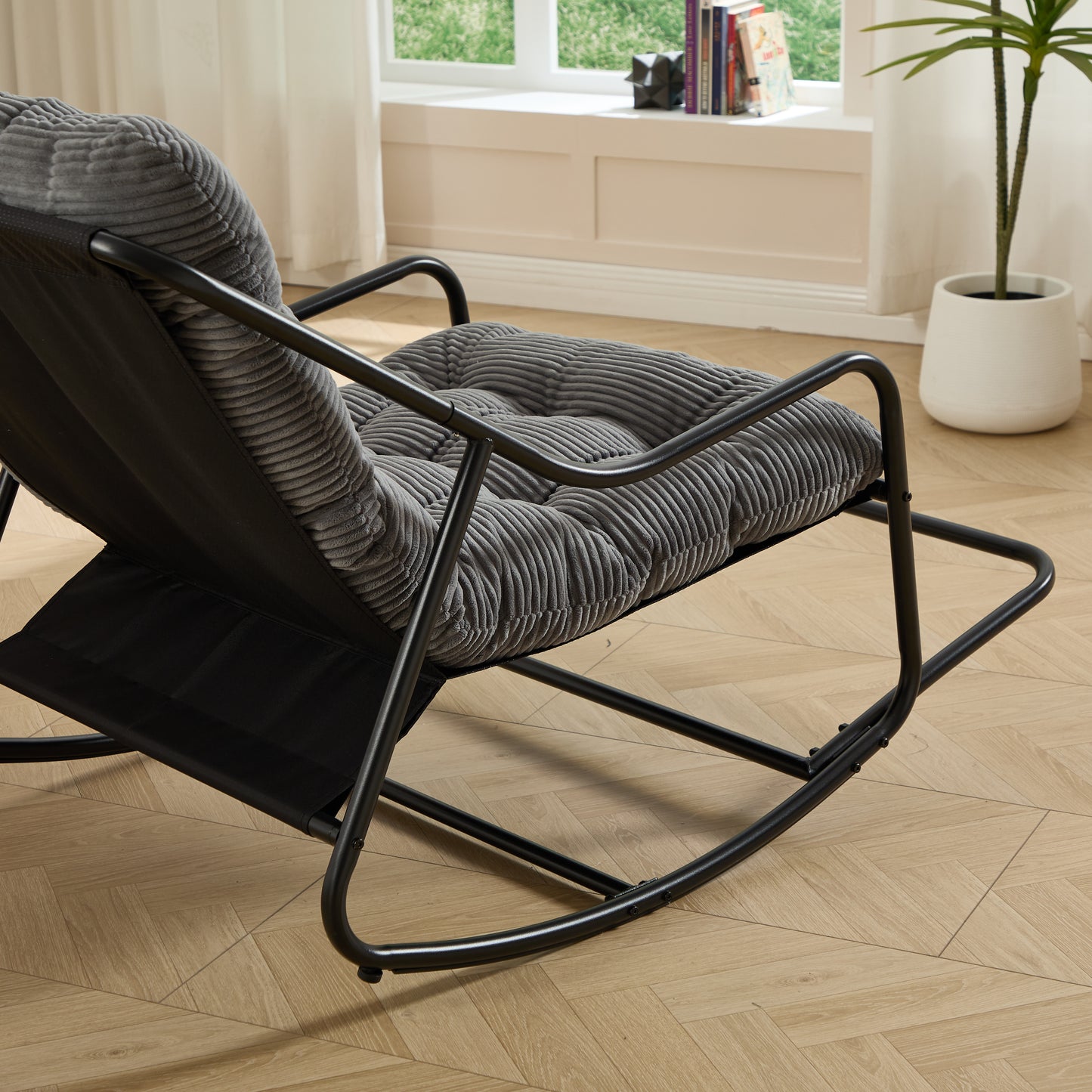 Outdoor Rocking Chair, Comfy Cushion, With Soft Thick Cushion,for Living Room, Bedroom, Reading Room, Black Frame With Grey Cushion