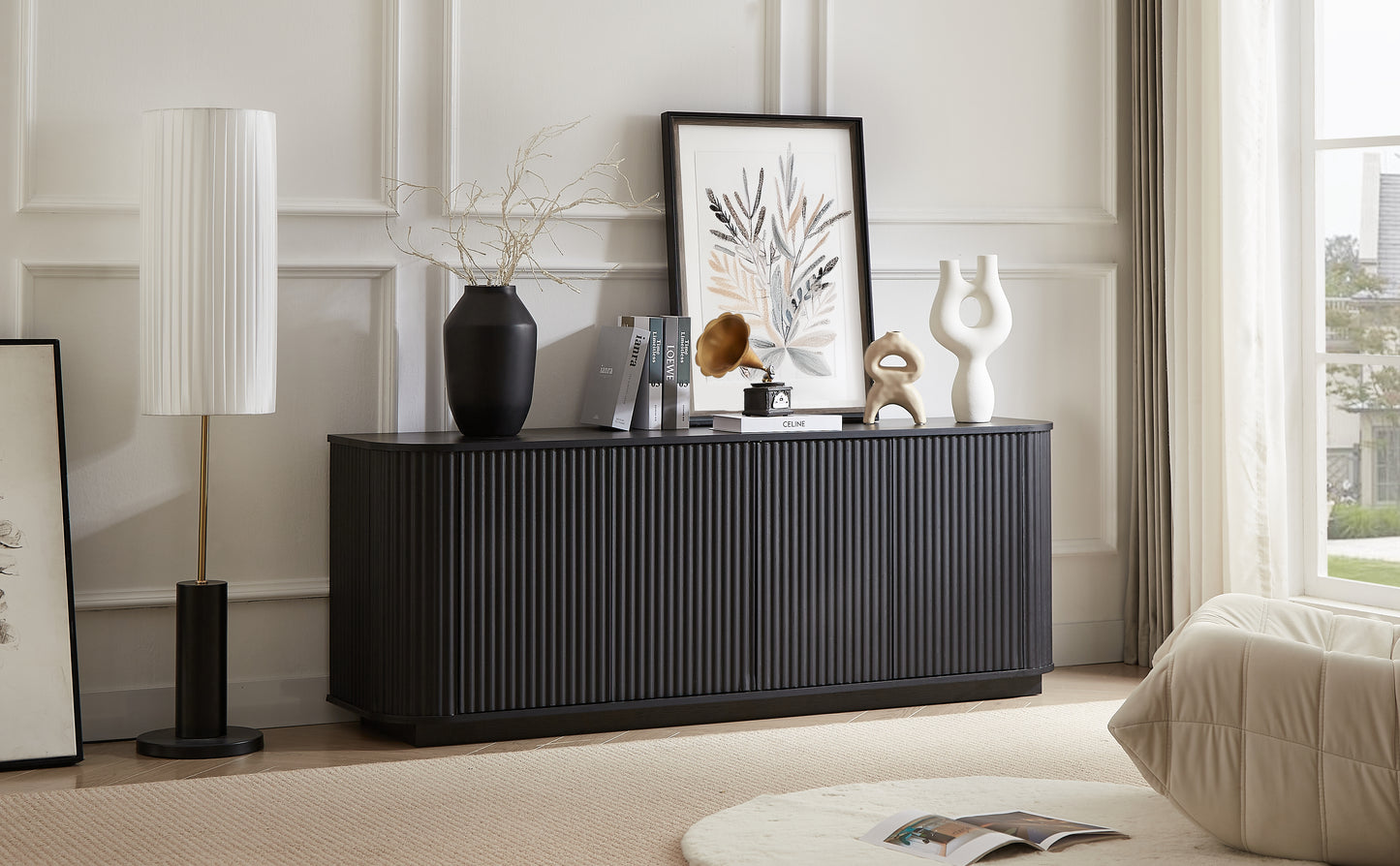 Sideboard Storage Cabinet TV Stand With Wave Pattern Buffet Cabinet Wooden Vertical Striped Cabinet For Kitchen Bedroom Entryway. Black, 64 W X 15 D X 24 H.
