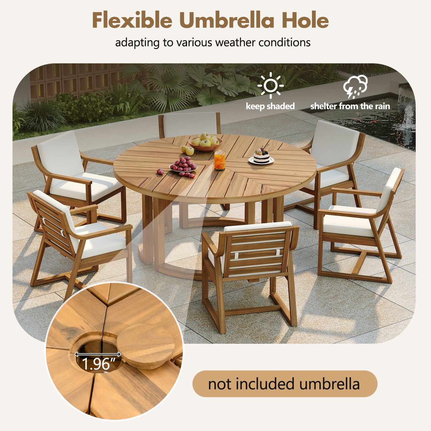 TREXM Patio Dining Table Set For 6 Round Dining Table With 1.96 Umbrella Hole Outdoor Wooden Patio Furniture Set With Removable Cushions For Garden Backyard And Pools Light Teak Beige Cushion