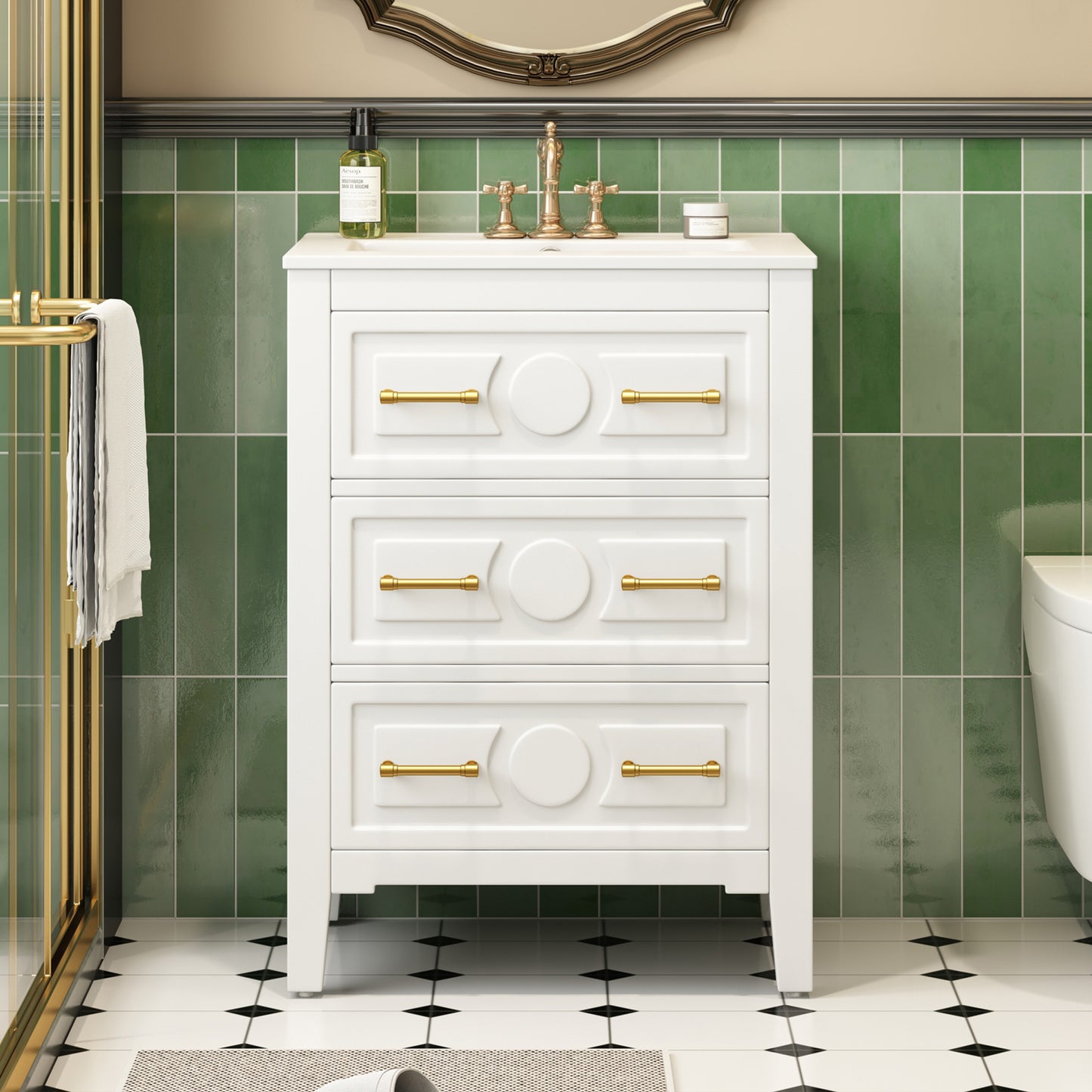 24 Bathroom Vanity With Ceramic Sink Combo, Free Standing Single Vanity Set With 3 Drawers, Solid Wood Frame Bathroom Storage Cabinet, White