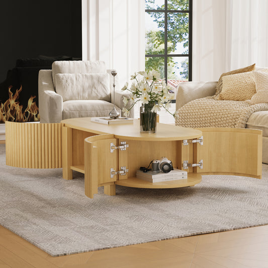 Oval Fluted Coffee Table With Storage For Living Room, Rubber Solid Wood, 1 Shelf & 2 Open Storage Doors, Natural, 47