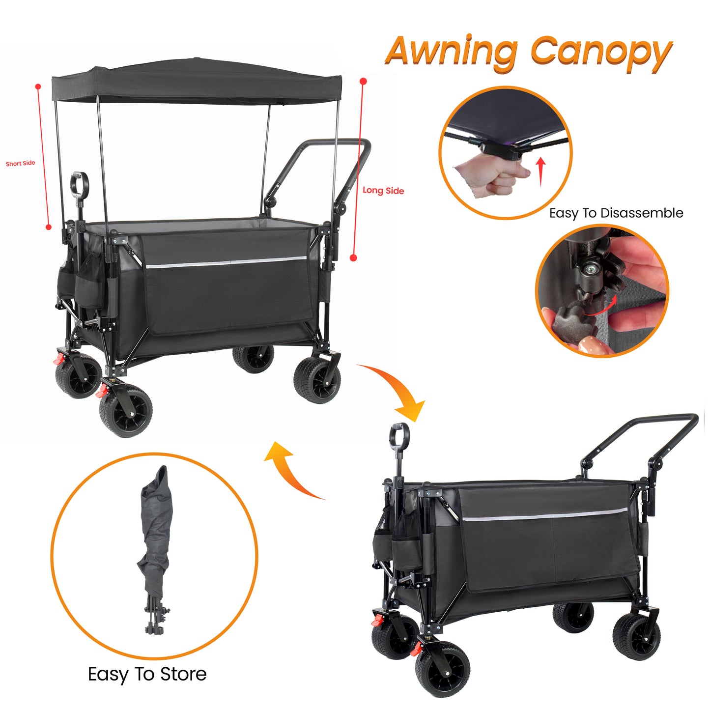 Multi- Functional Push- Pull Folding Wagon Cart With Rotating Handle & Canopy 7 X4 All- Terrain Wheels & Brakes Load Capacity 480lbs 300L Large Capacity For Transport Groceries Outdoor Use Black