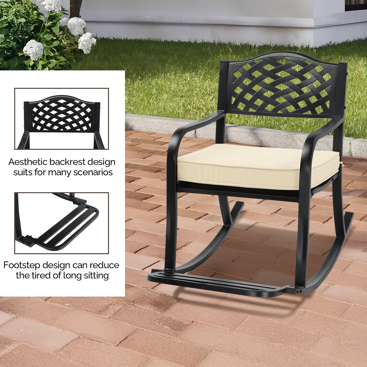 Metal Rocking Chair, Outdoor Rocking Bench With Cushion, Patio Rocker With Footrest, Weatherproof Rocking Chair For Outside, Patio, Garden, Hole Backrest